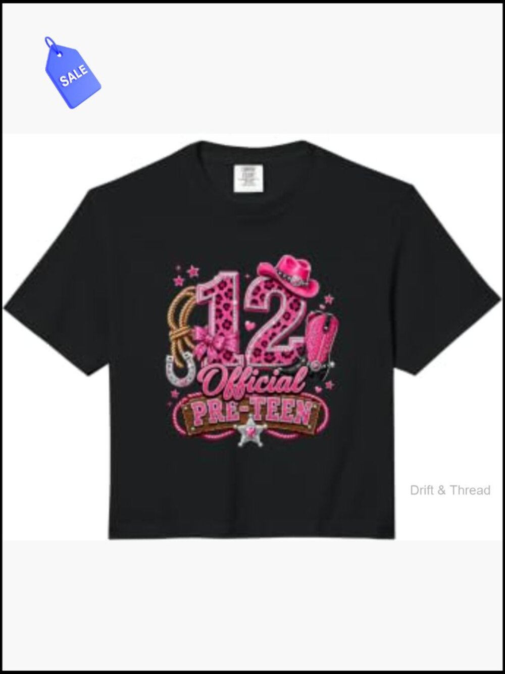 Pre-Teen Cowgirl 12th Birthday Crop Top Western Boots Bow Boxy Fit Tee